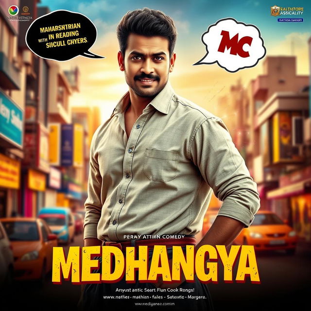 A cinematic film poster for an action comedy titled 'MEDHANGYA', featuring a charming Maharashtrian man, dressed in traditional attire, standing confidently in an urban environment