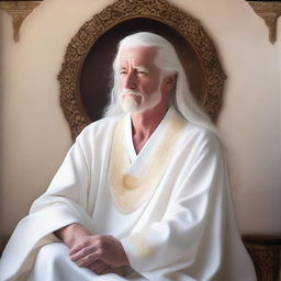 A majestic white male, adorned in elegantly flowing white robes, radiating serenity and peace.