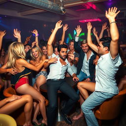 A vibrant and energetic scene depicting a group of attractive individuals engaged in a wild party atmosphere