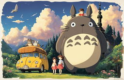 Studio Ghibli-style poster of My Neighbor Totoro featuring Satsuki, Mei, Totoro and the Catbus under a vibrant afternoon sky