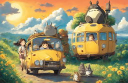 Studio Ghibli-style poster of My Neighbor Totoro featuring Satsuki, Mei, Totoro and the Catbus under a vibrant afternoon sky