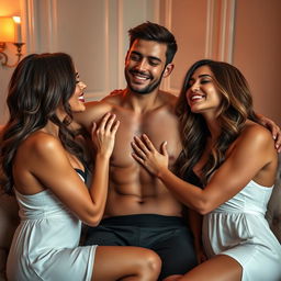An enticing scene featuring three beautiful adult actresses, embodying sensuality and confidence, engaged in a playful and intimate threesome with a handsome man
