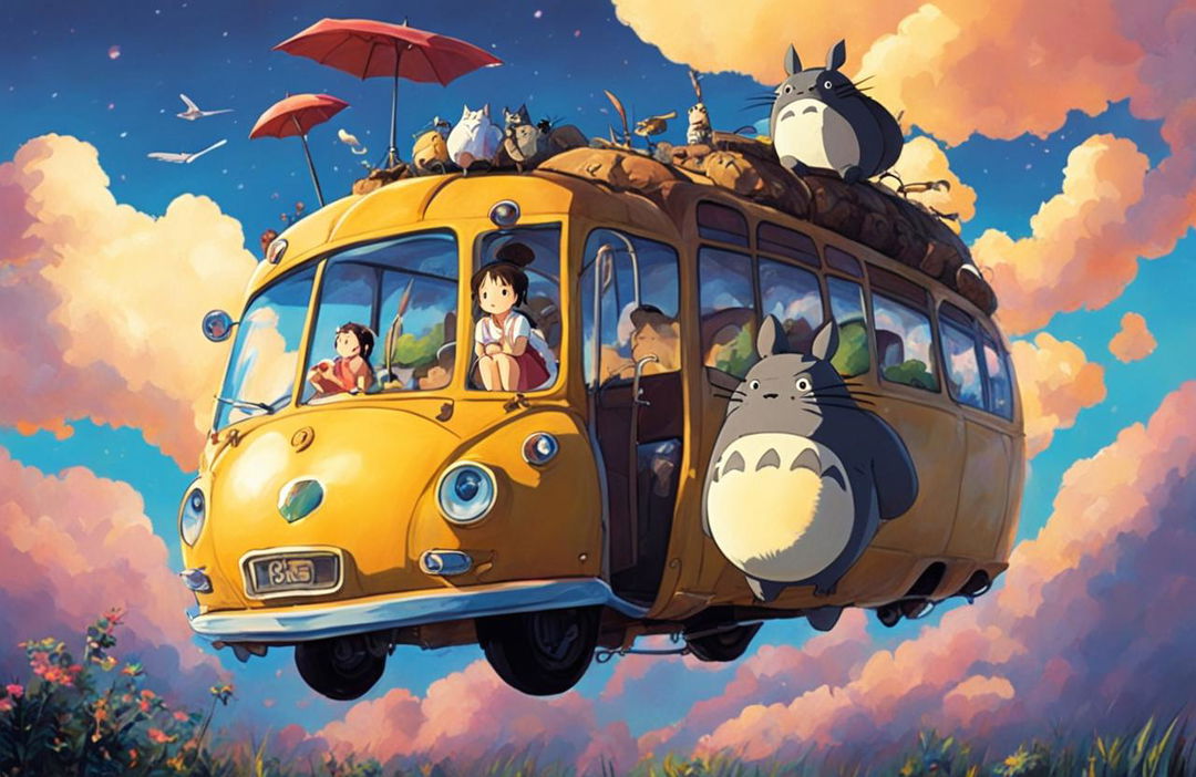 Studio Ghibli-style poster of My Neighbor Totoro featuring Satsuki, Mei, Totoro and the Catbus under a vibrant afternoon sky