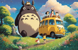 Studio Ghibli-style poster of My Neighbor Totoro featuring Satsuki, Mei, Totoro and the Catbus under a vibrant afternoon sky