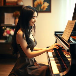 A beautiful 18-year-old Asian woman sitting gracefully at a grand piano, absorbed in playing a melodic tune