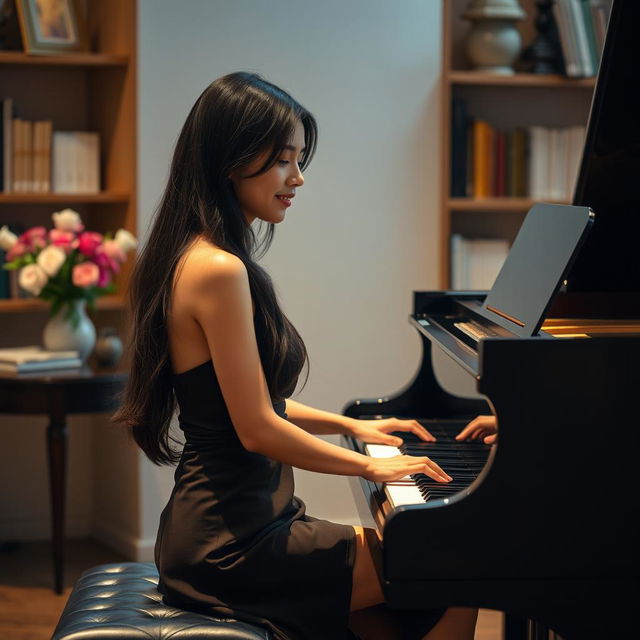 A beautiful 18-year-old Asian woman sitting gracefully at a grand piano, absorbed in playing a melodic tune