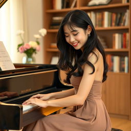 A beautiful 18-year-old Asian woman sitting gracefully at a grand piano, absorbed in playing a melodic tune