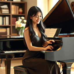 A beautiful 18-year-old Asian woman sitting gracefully at a grand piano, absorbed in playing a melodic tune