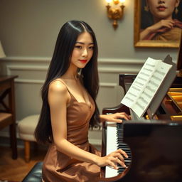 A beautiful 18-year-old Asian woman seated elegantly at a grand piano, immersed in the art of playing music
