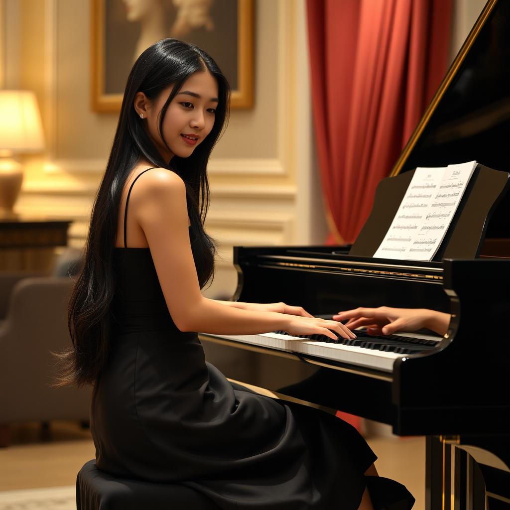 A beautiful 18-year-old Asian woman seated elegantly at a grand piano, immersed in the art of playing music