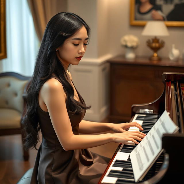 A beautiful 18-year-old Asian woman seated elegantly at a grand piano, immersed in the art of playing music