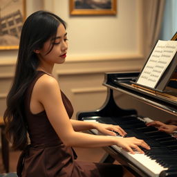 A beautiful 18-year-old Asian woman seated elegantly at a grand piano, immersed in the art of playing music