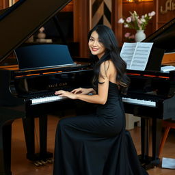 A beautiful 18-year-old Asian woman sitting elegantly at a grand piano, playing a captivating piece of music