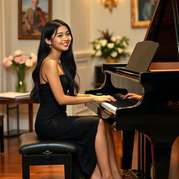 A beautiful 18-year-old Asian woman sitting elegantly at a grand piano, playing a captivating piece of music