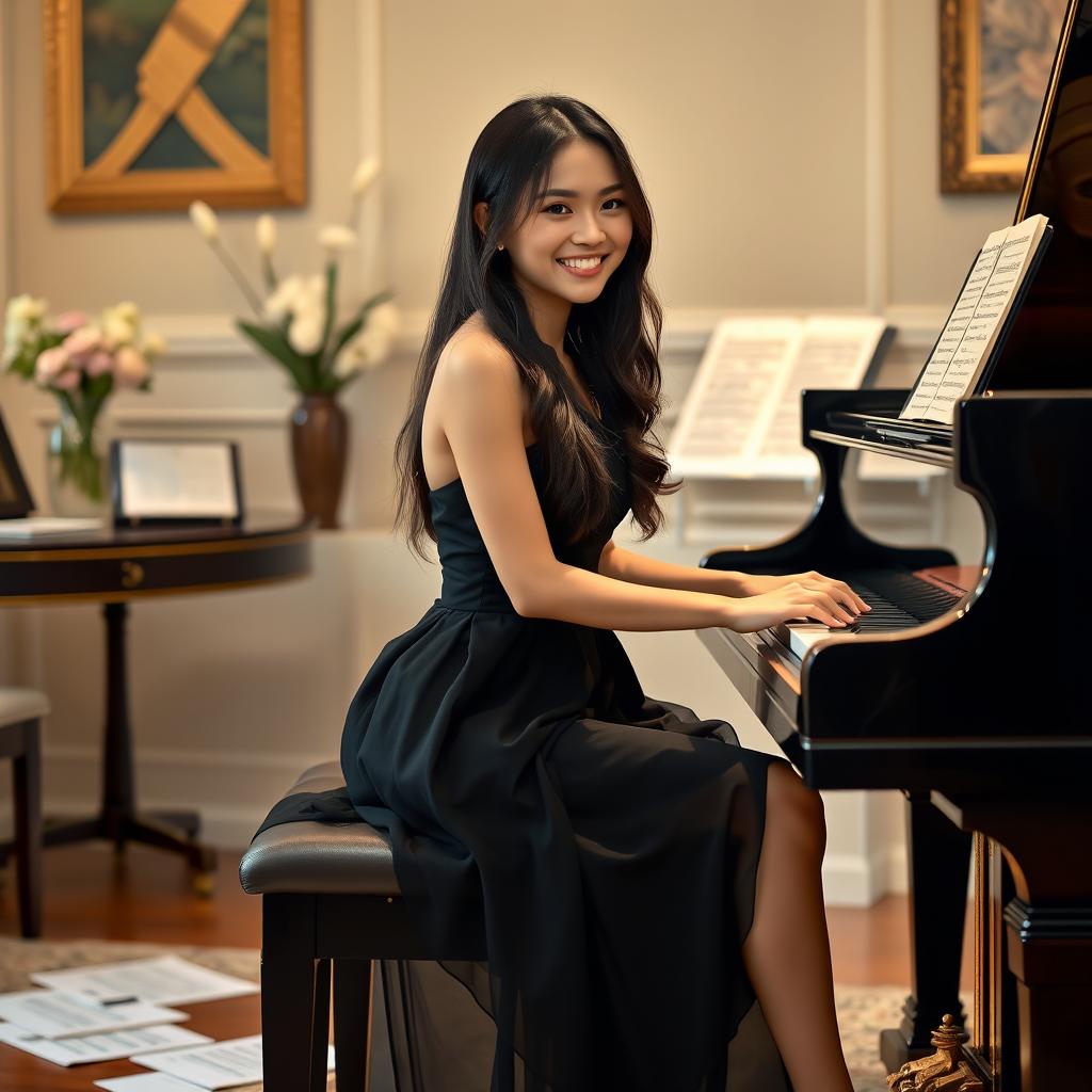 A beautiful 18-year-old Asian woman sitting elegantly at a grand piano, playing a captivating piece of music