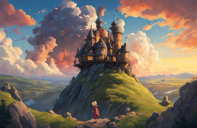 Studio Ghibli-style poster of Howl's Moving Castle featuring Sophie, Howl, Calcifer, and the moving castle against a backdrop of a dramatic sunset