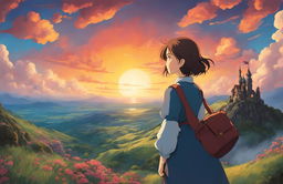 Studio Ghibli-style poster of Howl's Moving Castle featuring Sophie, Howl, Calcifer, and the moving castle against a backdrop of a dramatic sunset