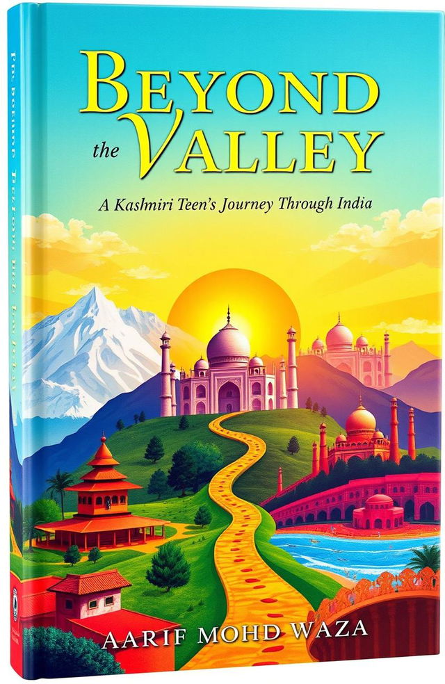 A vivid and colorful book cover illustrating the journey of a Kashmiri boy through India, featuring iconic landscapes such as the mountains of Kashmir, vibrant markets of Delhi, serene beaches of Goa, and historical sites like the Taj Mahal, all blended together to signify joy and challenge