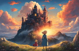 Studio Ghibli-style poster of Howl's Moving Castle featuring Sophie, Howl, Calcifer, and the moving castle against a backdrop of a dramatic sunset