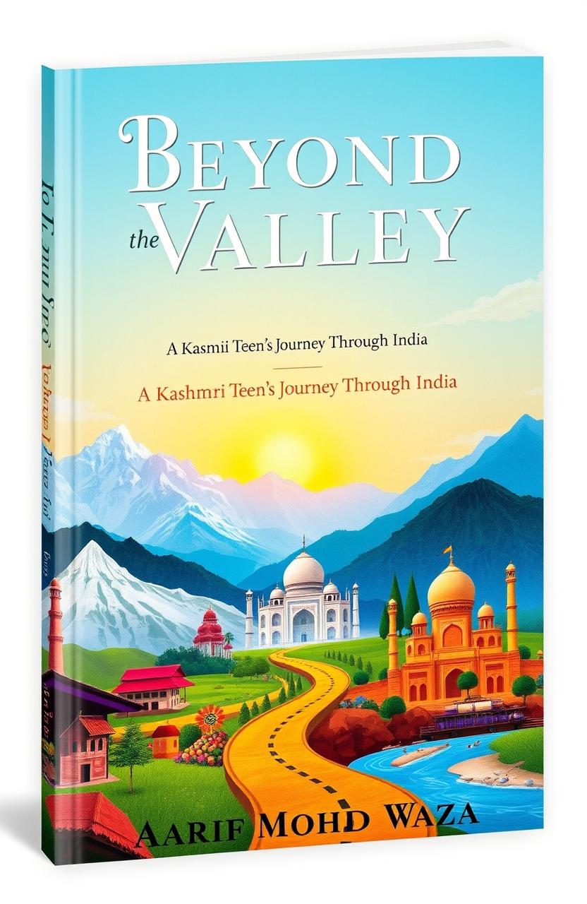 A vivid and colorful book cover illustrating the journey of a Kashmiri boy through India, featuring iconic landscapes such as the mountains of Kashmir, vibrant markets of Delhi, serene beaches of Goa, and historical sites like the Taj Mahal, all blended together to signify joy and challenge