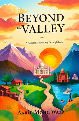 A vivid and colorful book cover illustrating the journey of a Kashmiri boy through India, featuring iconic landscapes such as the mountains of Kashmir, vibrant markets of Delhi, serene beaches of Goa, and historical sites like the Taj Mahal, all blended together to signify joy and challenge