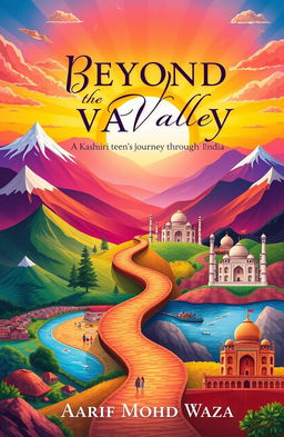 A vivid and colorful book cover illustrating the journey of a Kashmiri boy through India, featuring iconic landscapes such as the mountains of Kashmir, vibrant markets of Delhi, serene beaches of Goa, and historical sites like the Taj Mahal, all blended together to signify joy and challenge