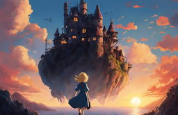 Studio Ghibli-style poster of Howl's Moving Castle featuring Sophie, Howl, Calcifer, and the moving castle against a backdrop of a dramatic sunset