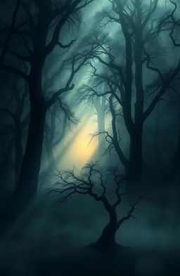 An enigmatic scene inspired by 'The Shadow Of Hope' by James Justin, featuring a misty forest with intricate foliage and towering trees casting long shadows