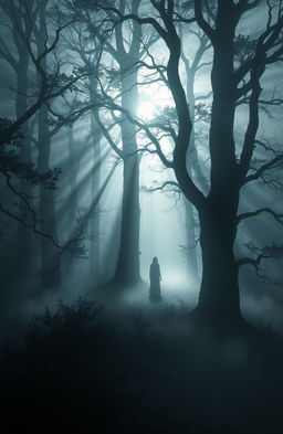 An enigmatic scene inspired by 'The Shadow Of Hope' by James Justin, featuring a misty forest with intricate foliage and towering trees casting long shadows