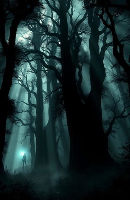 An enigmatic scene inspired by 'The Shadow Of Hope' by James Justin, featuring a misty forest with intricate foliage and towering trees casting long shadows