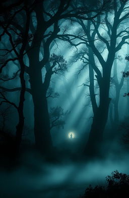An enigmatic scene inspired by 'The Shadow Of Hope' by James Justin, featuring a misty forest with intricate foliage and towering trees casting long shadows