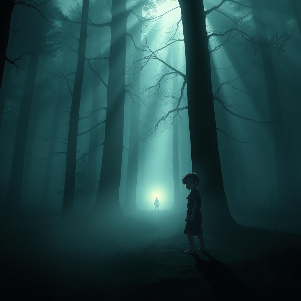 An enigmatic scene inspired by 'The Shadow Of Hope' by James Justin, featuring a mysterious young boy standing in a misty forest