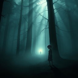 An enigmatic scene inspired by 'The Shadow Of Hope' by James Justin, featuring a mysterious young boy standing in a misty forest