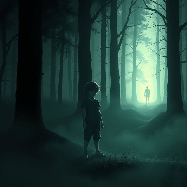 An enigmatic scene inspired by 'The Shadow Of Hope' by James Justin, featuring a mysterious young boy standing in a misty forest