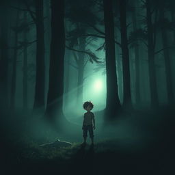 An enigmatic scene inspired by 'The Shadow Of Hope' by James Justin, featuring a mysterious young boy standing in a misty forest