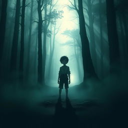 An enigmatic scene inspired by 'The Shadow Of Hope' by James Justin, featuring a mysterious young boy standing in a misty forest