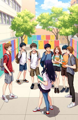 A vibrant high school scene featuring a diverse group of eleven teenagers, comprised of seven boys and four girls