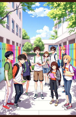 A vibrant high school scene featuring a diverse group of eleven teenagers, comprised of seven boys and four girls