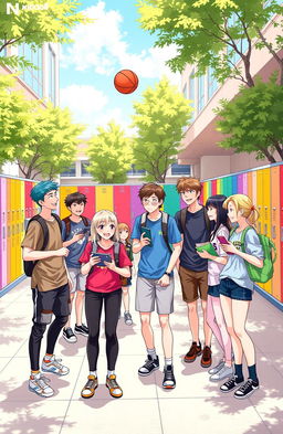 A vibrant high school scene featuring a diverse group of eleven teenagers, comprised of seven boys and four girls