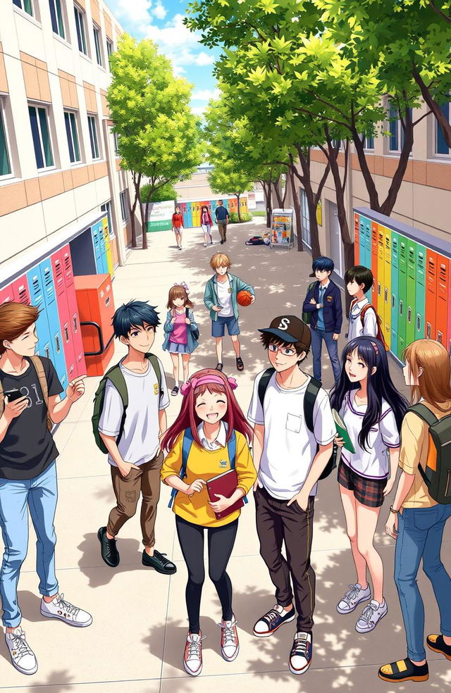 A vibrant high school scene featuring a diverse group of eleven teenagers, comprised of seven boys and four girls