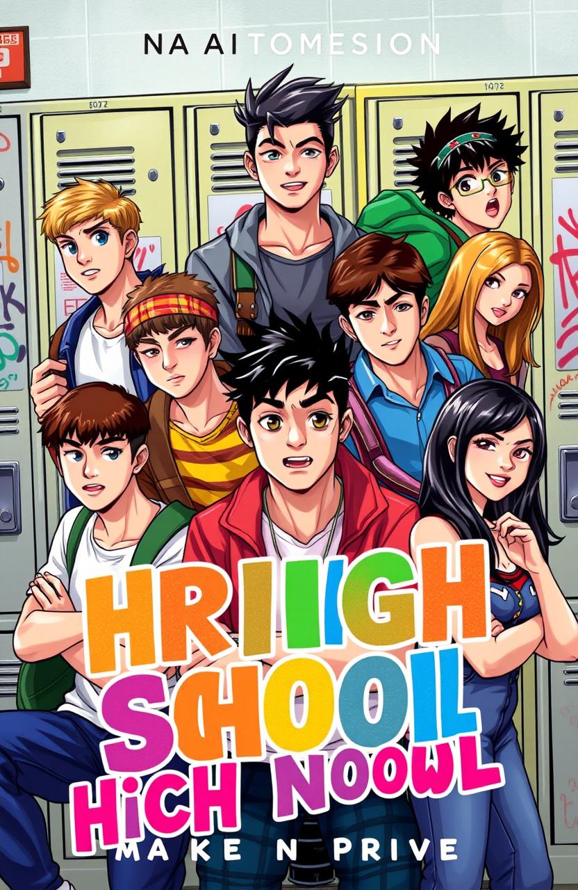 A dynamic novel cover design featuring a group of seven male high school students and four female students, all in a vibrant school environment, conveying themes of friendship, youth, and adventure