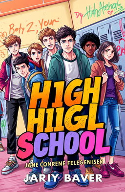 A dynamic novel cover design featuring a group of seven male high school students and four female students, all in a vibrant school environment, conveying themes of friendship, youth, and adventure