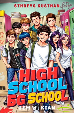 A dynamic novel cover design featuring a group of seven male high school students and four female students, all in a vibrant school environment, conveying themes of friendship, youth, and adventure