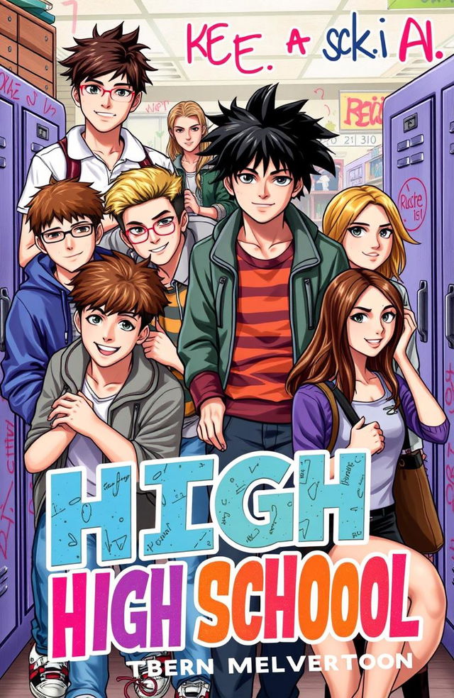 A dynamic novel cover design featuring a group of seven male high school students and four female students, all in a vibrant school environment, conveying themes of friendship, youth, and adventure