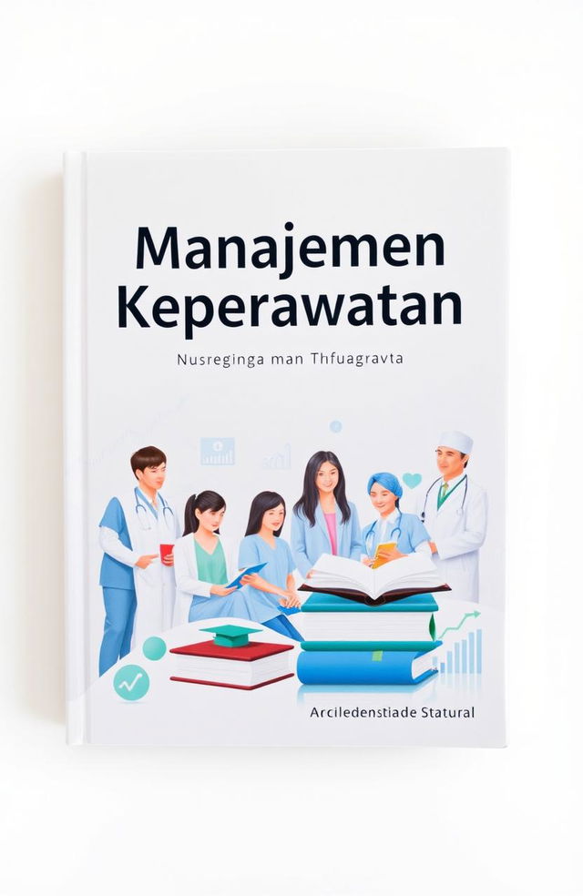 A beautifully designed nursing management textbook cover featuring the title "Manajemen Keperawatan" prominently displayed