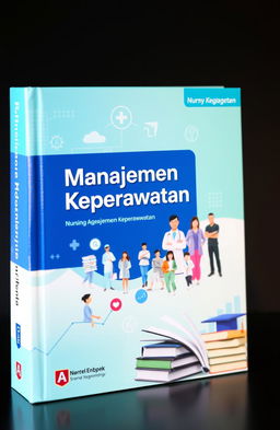 A beautifully designed nursing management textbook cover featuring the title "Manajemen Keperawatan" prominently displayed