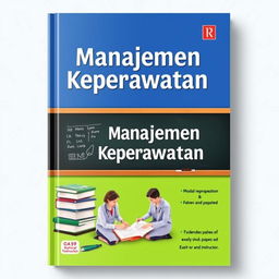 A meticulously designed nursing management textbook cover titled "Manajemen Keperawatan" prominently displayed