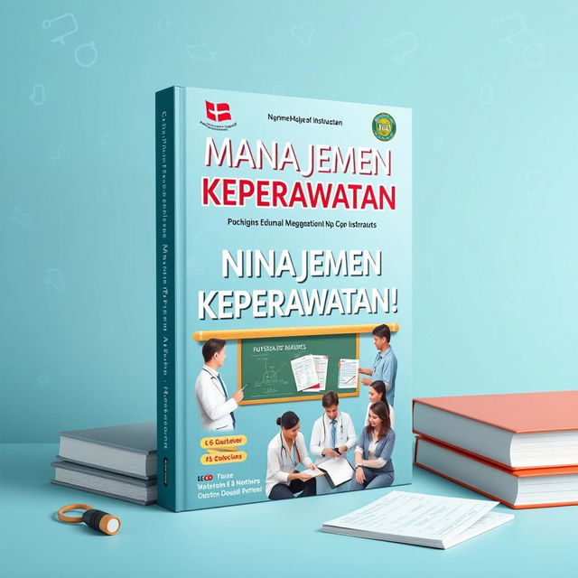 A meticulously designed nursing management textbook cover titled "Manajemen Keperawatan" prominently displayed