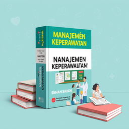 A meticulously designed nursing management textbook cover titled "Manajemen Keperawatan" prominently displayed