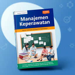 A meticulously designed nursing management textbook cover titled "Manajemen Keperawatan" prominently displayed